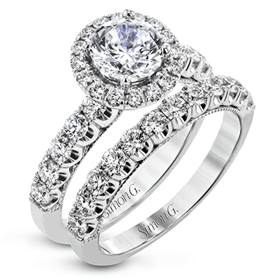 Round - cut Halo Engagement Ring & Matching Wedding Band 18k Gold with Diamonds - Simon G. Jewelry