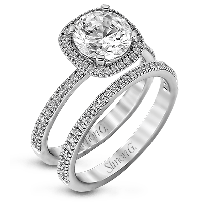 Round - cut Halo Engagement Ring & Matching Wedding Band in 18k Gold with Diamonds - Simon G. Jewelry