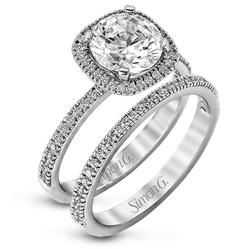 Round - cut Halo Engagement Ring & Matching Wedding Band in 18k Gold with Diamonds - Simon G. Jewelry