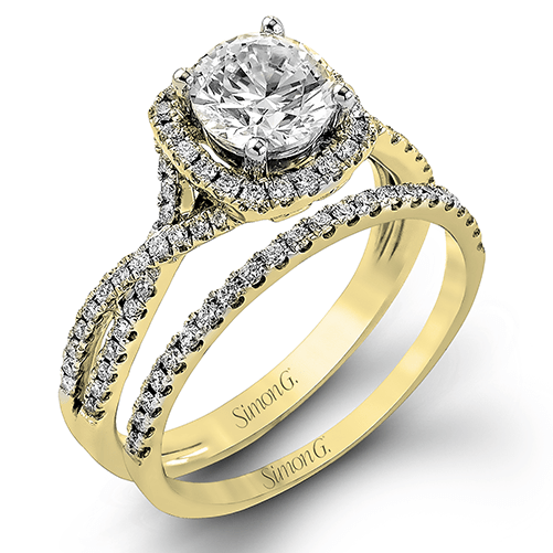 Round - cut Halo Engagement Ring & Matching Wedding Band in 18k Gold with Diamonds - Simon G. Jewelry