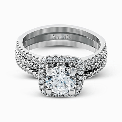 Round - cut Halo Engagement Ring & Matching Wedding Band in 18k Gold with Diamonds - Simon G. Jewelry