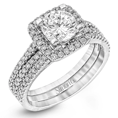 Round - cut Halo Engagement Ring & Matching Wedding Band in 18k Gold with Diamonds - Simon G. Jewelry