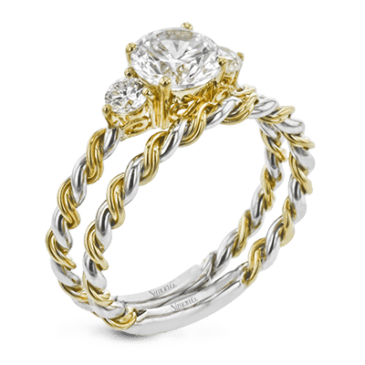 Round - cut Three - stone Engagement Ring & Matching Wedding Band in 18k Gold with Diamonds - Simon G. Jewelry