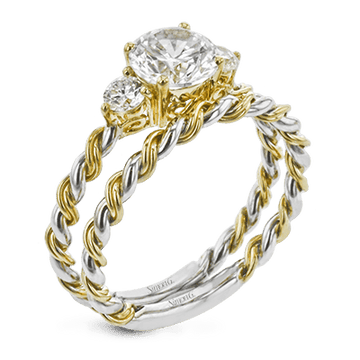 Round - cut Three - stone Engagement Ring & Matching Wedding Band in 18k Gold with Diamonds - Simon G. Jewelry