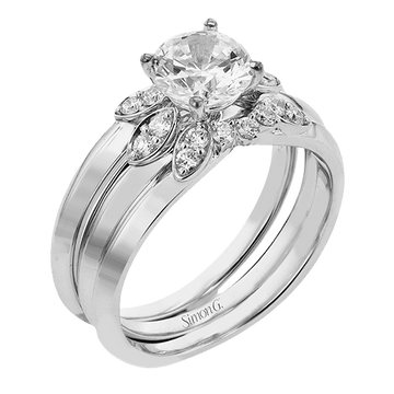 Round - cut Three - Stone Engagement Ring & Matching Wedding Band in 18k Gold with Diamonds - Simon G. Jewelry