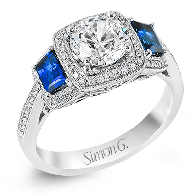 Round - Cut Three - Stone Halo Engagement Ring In 18k Gold With Diamonds & Sapphires - Simon G. Jewelry