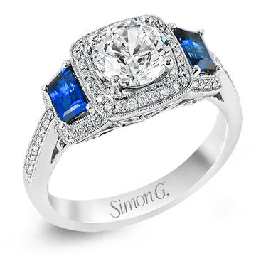 Round - Cut Three - Stone Halo Engagement Ring In 18k Gold With Diamonds & Sapphires - Simon G. Jewelry