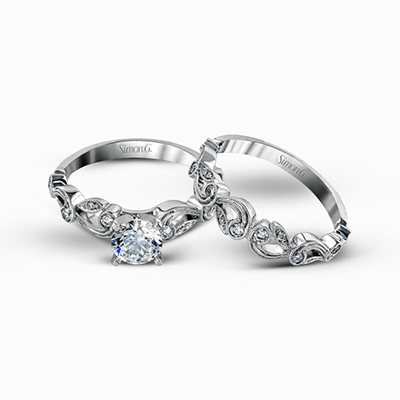 Round - cut Trellis Engagement Ring & Matching Wedding Band in 18k Gold with Diamonds - Simon G. Jewelry