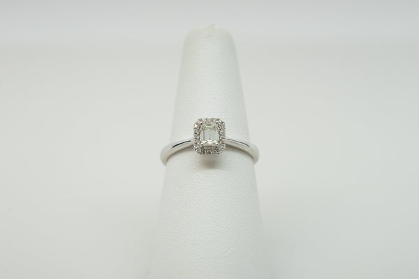 18K White Gold Diamond Halo Engagement Ring with .40 Emerald-Cut Center Diamond