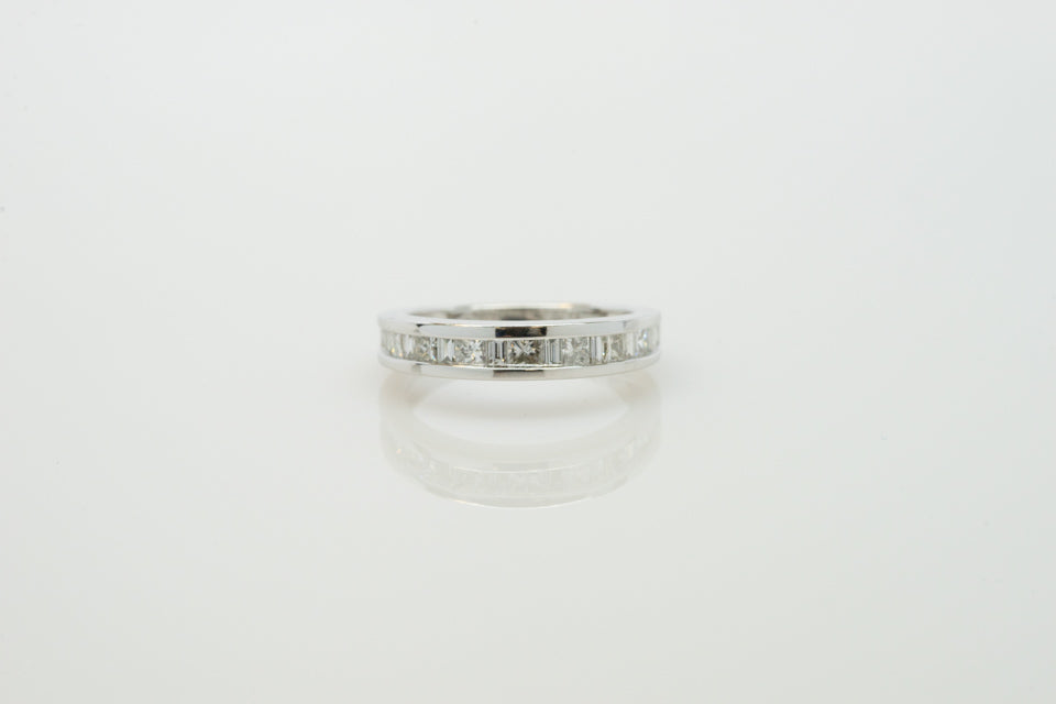 14K White Gold Channel Set Ring with Princess Cut and Baguette Diamonds
