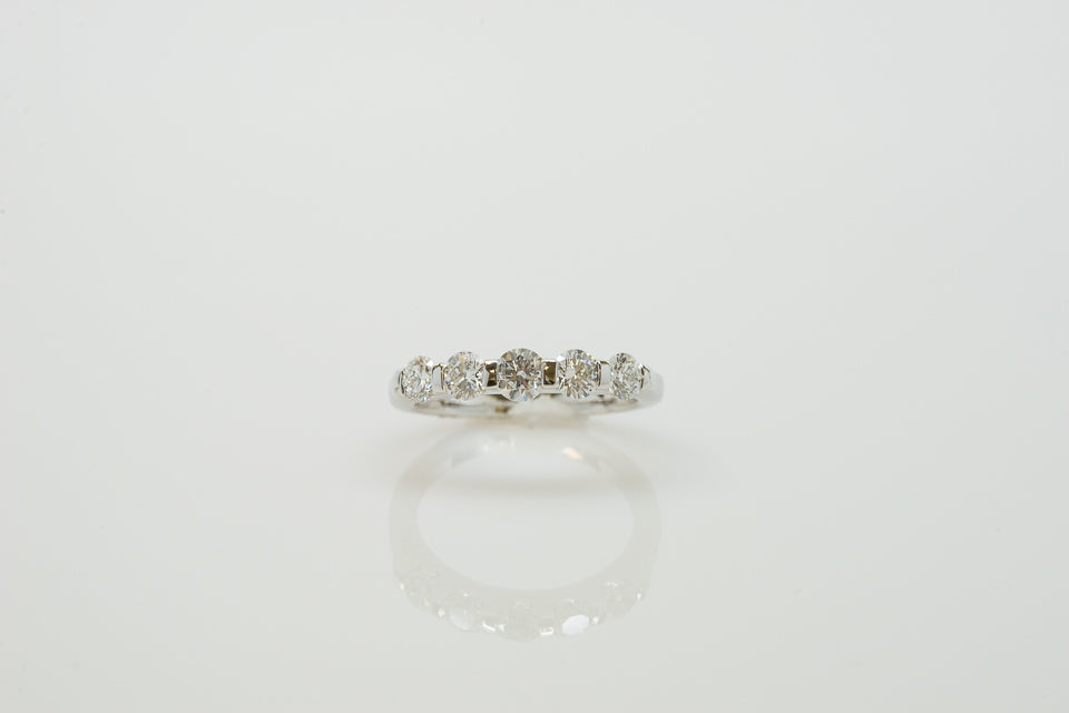 14K White Gold Bar Set Wedding Ring with Five Round Diamonds