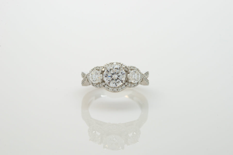 18K White Gold Devotion "Sabrina" 3-Stone Halo Semi Mount Engagement Ring