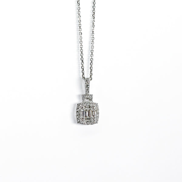 14K White Gold Pendant with Round & Baguette Diamonds
