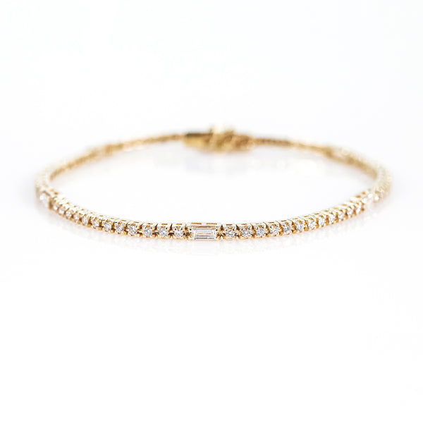 14K Yellow Gold Line Bracelet with Baguette & Round Diamonds