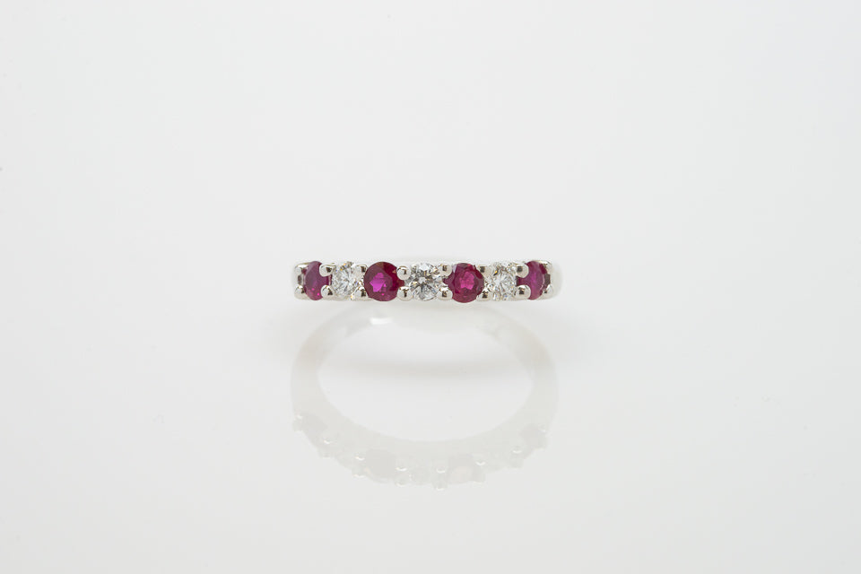 14K White Gold Ring with Diamonds and Rubies