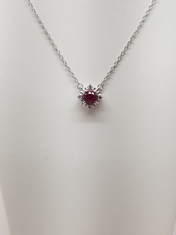 Sterling Silver Ruby Necklace with Diamond Halo