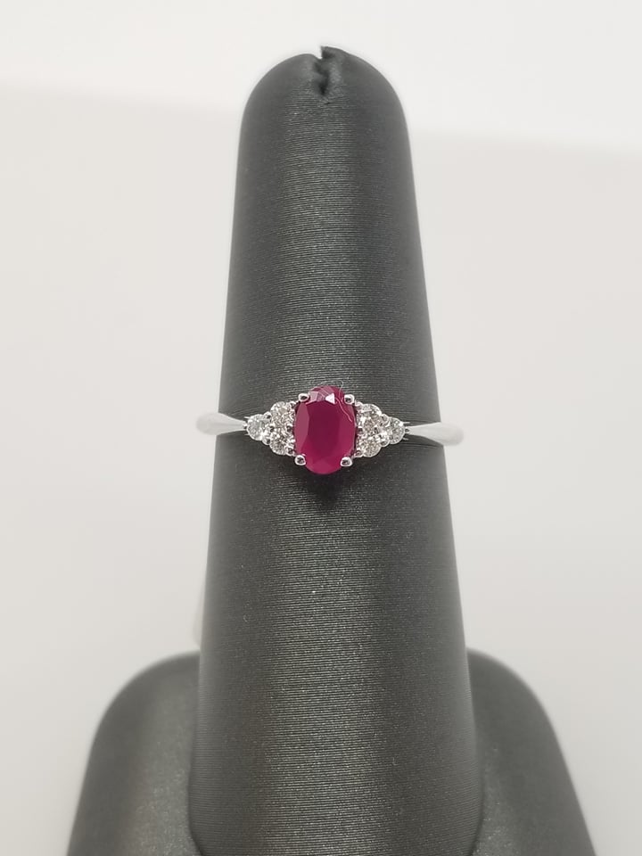 14K White Gold Oval Ruby Ring with Side Diamond Clusters