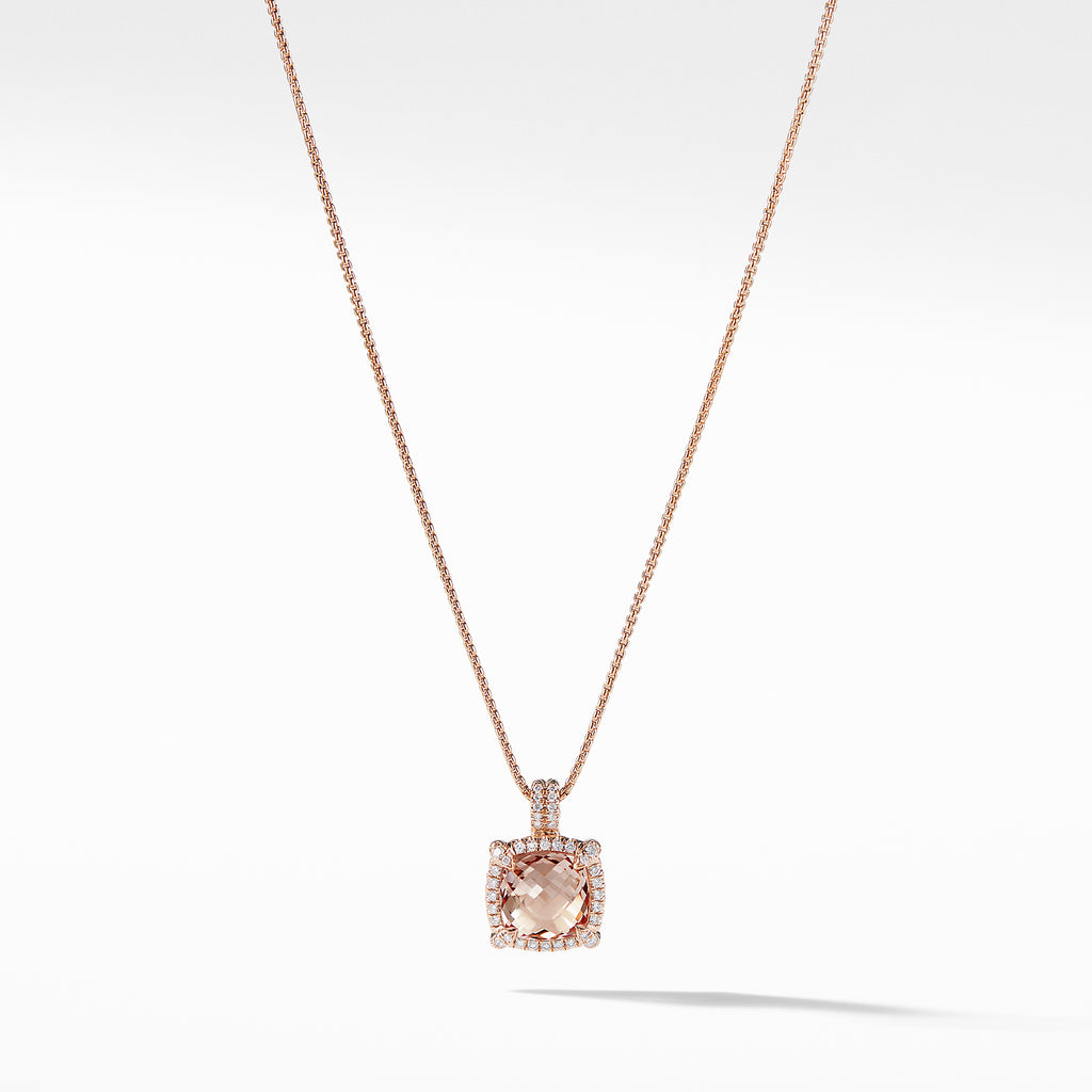 Chatelaine Pavé Bezel Pendant Necklace in 18K Rose Gold with Morganite