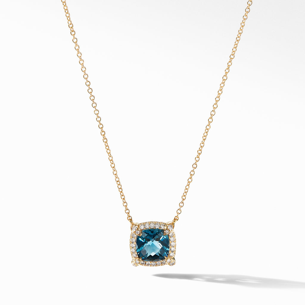Petite Chatelaine® Pavé Bezel Pendant Necklace in 18K Yellow Gold with Hampton Blue Topaz