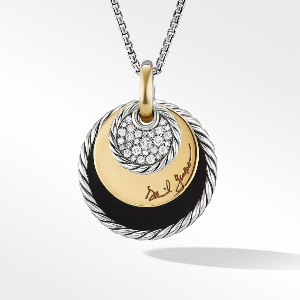 DY Elements® Eclipse Pendant Necklace with Black Onyx Reversible to Mother of Pearl, 18K Yellow Gold and Pavé Diamonds
