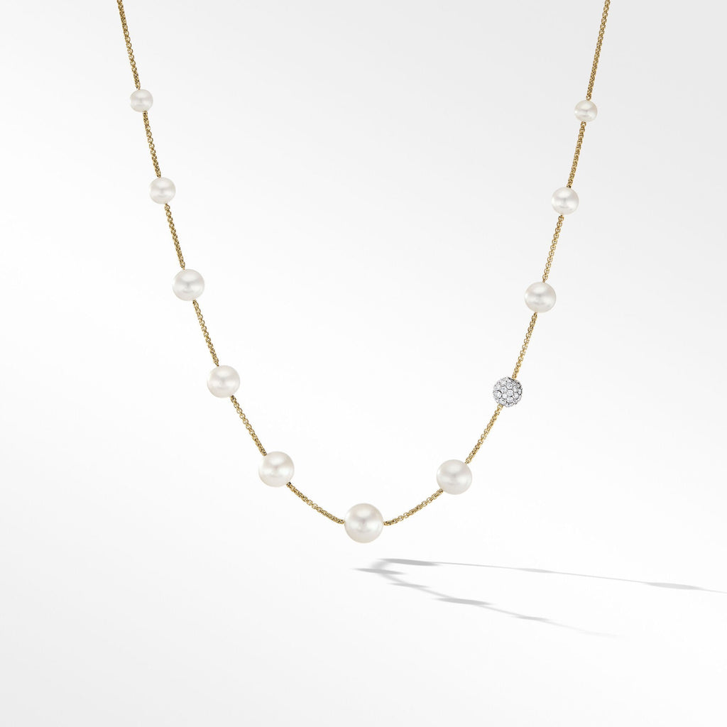 Pearl and Pavé Station Necklace in 18K Yellow Gold with Diamonds