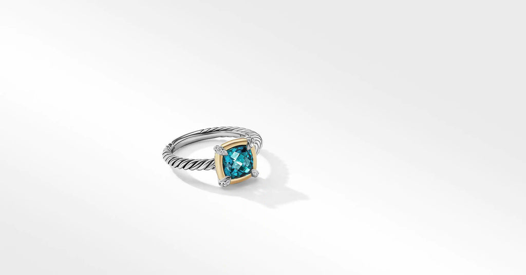 Petite Chatelaine® Ring with Hampton Blue Topaz, 18K Yellow Gold Bezel and Pavé Diamonds