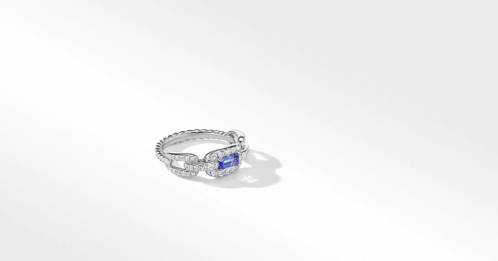 Stax Chain Link Ring in 18K White Gold with Pavé Diamonds and Tanzanite