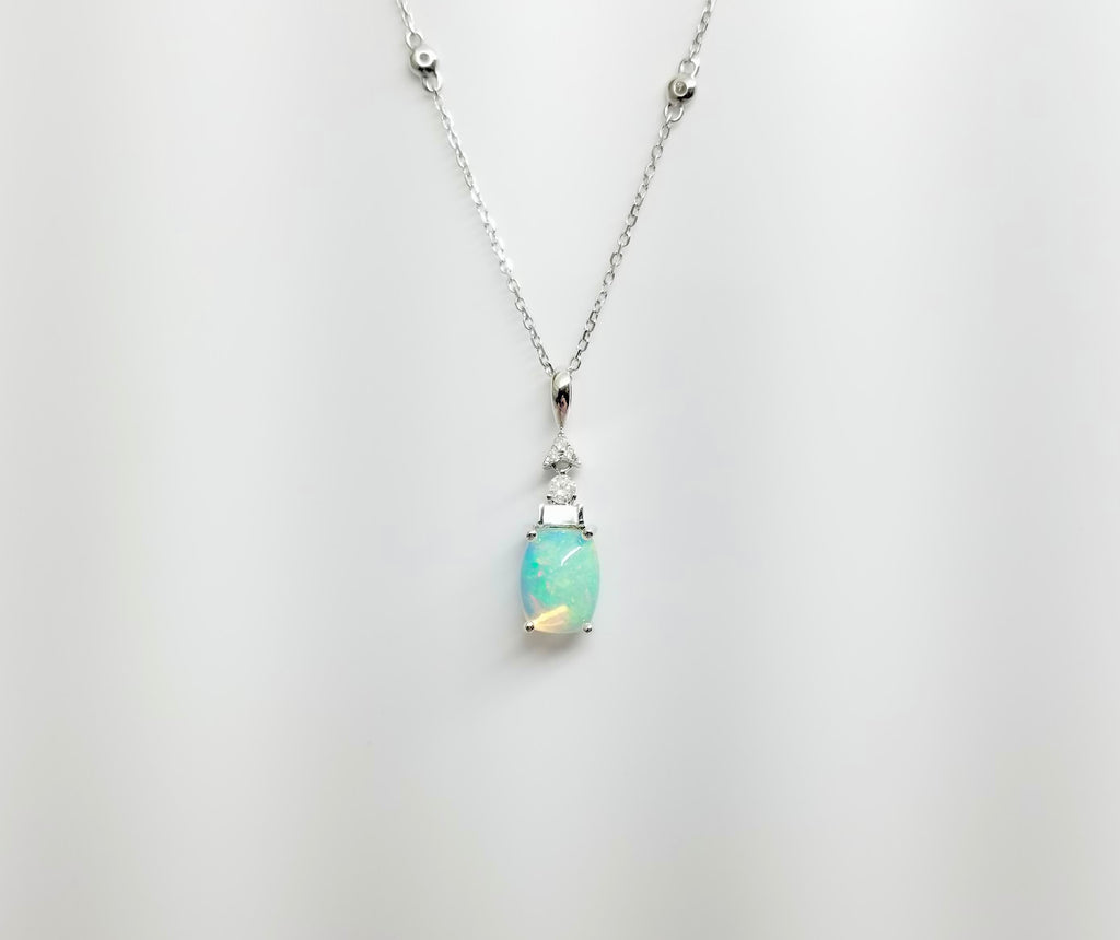 14K White Gold Drop Opal Necklace with Diamonds