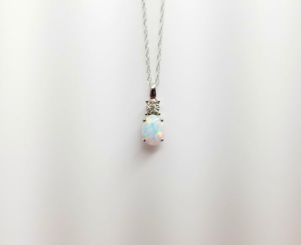 14K White Gold Drop Opal Necklace with Diamond